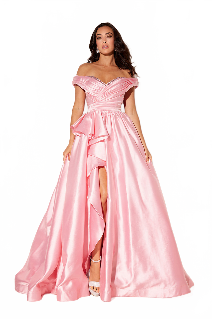 Taffeta Off Shoulder A-line Slit Gown by Lucci Lu 1341