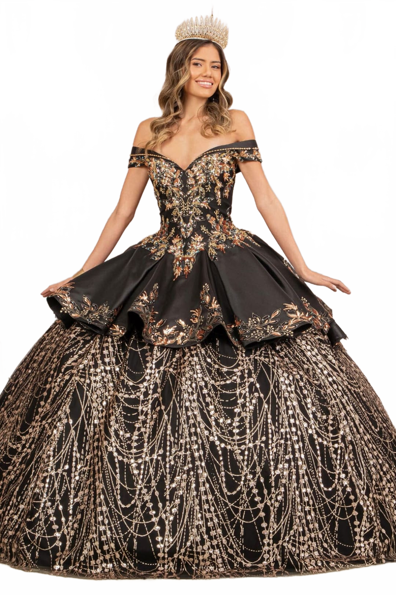 2 piece Off Shoulder Black Gold Quince Ball Gown by Elizabeth K GL3098