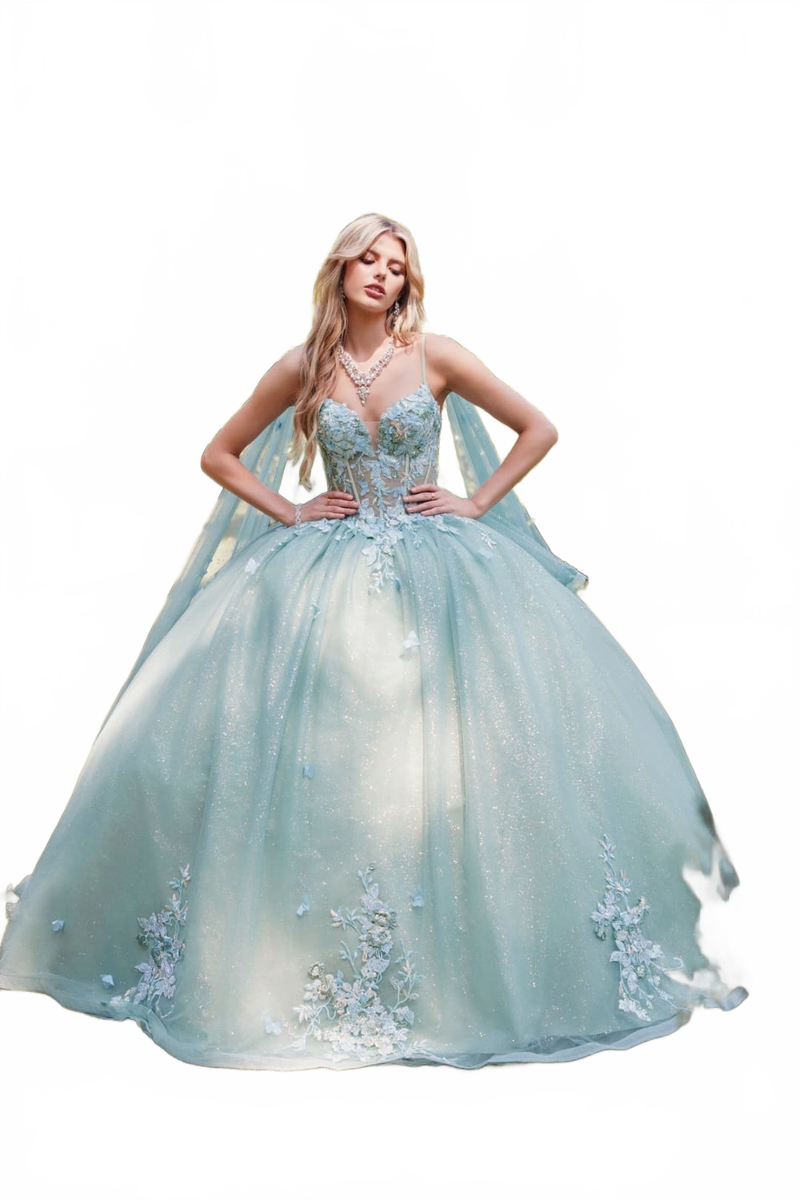 Applique Cape Sleeve Tiered Ball Gown by Juliet JT1466H