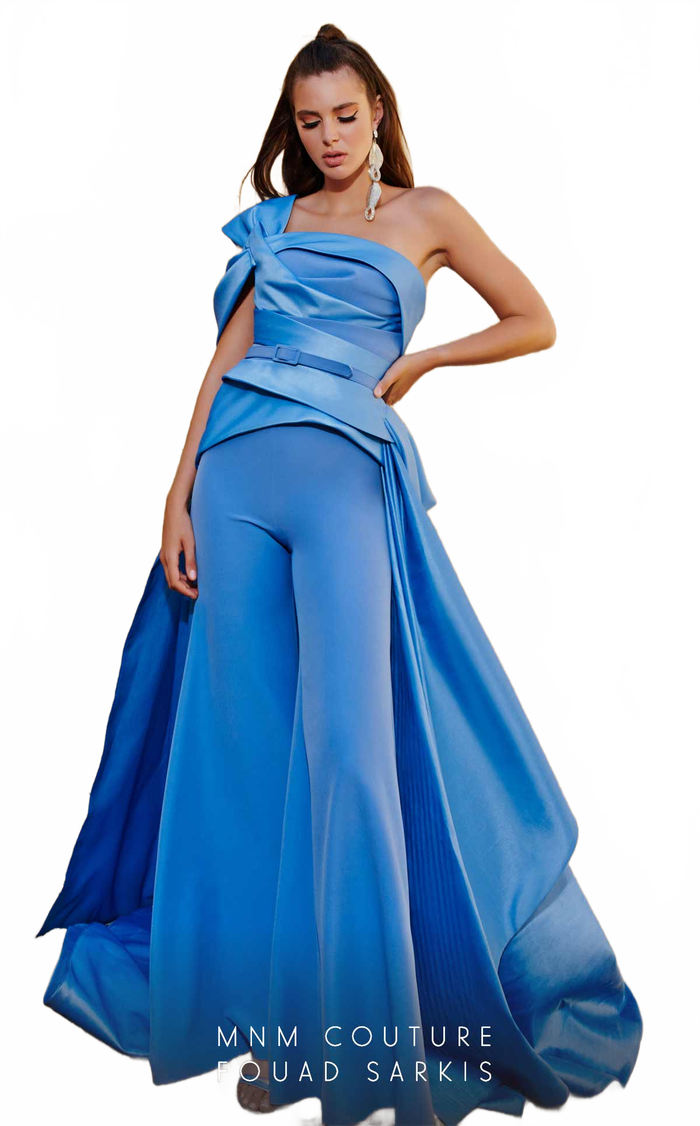 Dramatic Light-Blue One-Shoulder Jumpsuit by MNM Couture