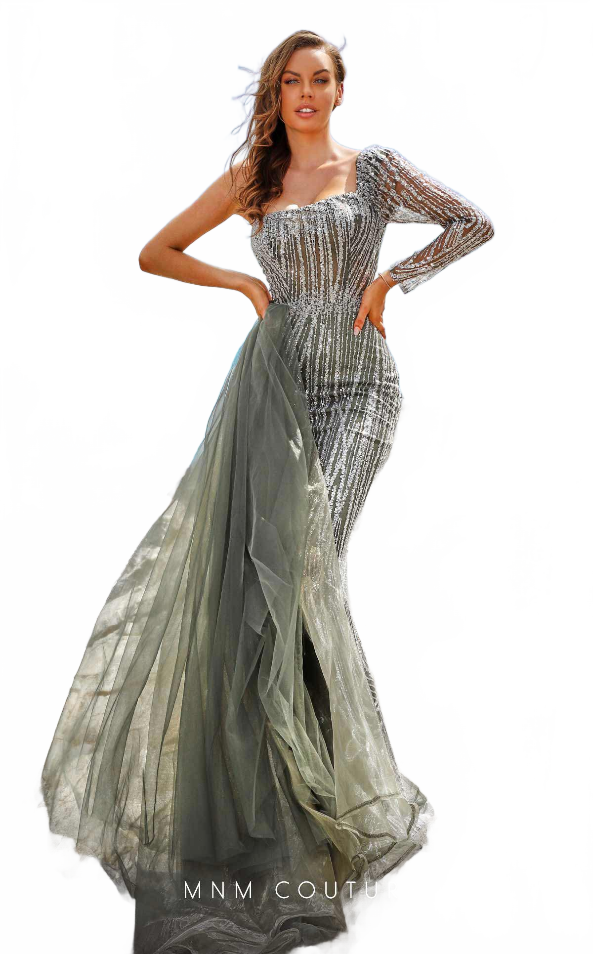 MNM Couture M1053 Asymmetric Purple Embroidered Mesh Gown