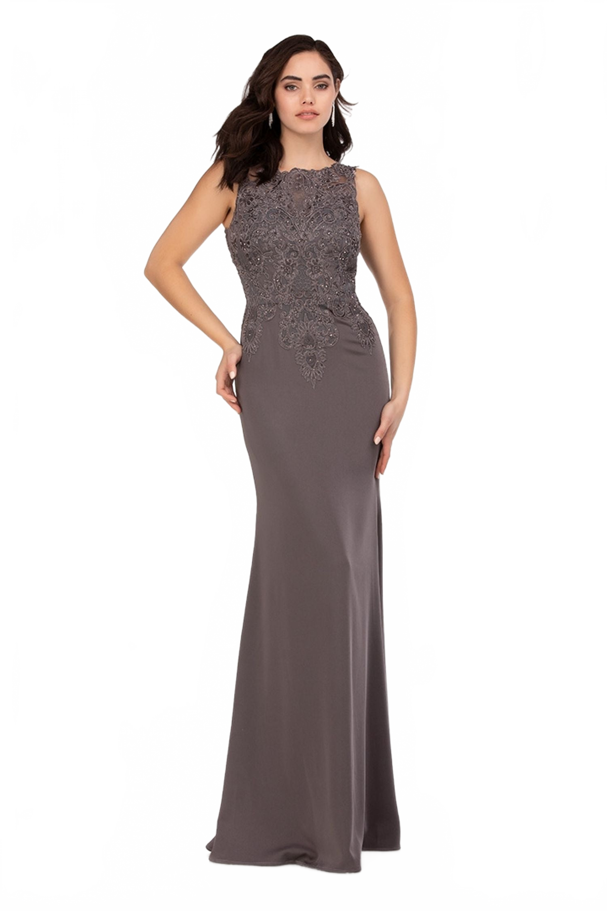 Abby Paris 96061W Embroidered High-Neck Chiffon Gown