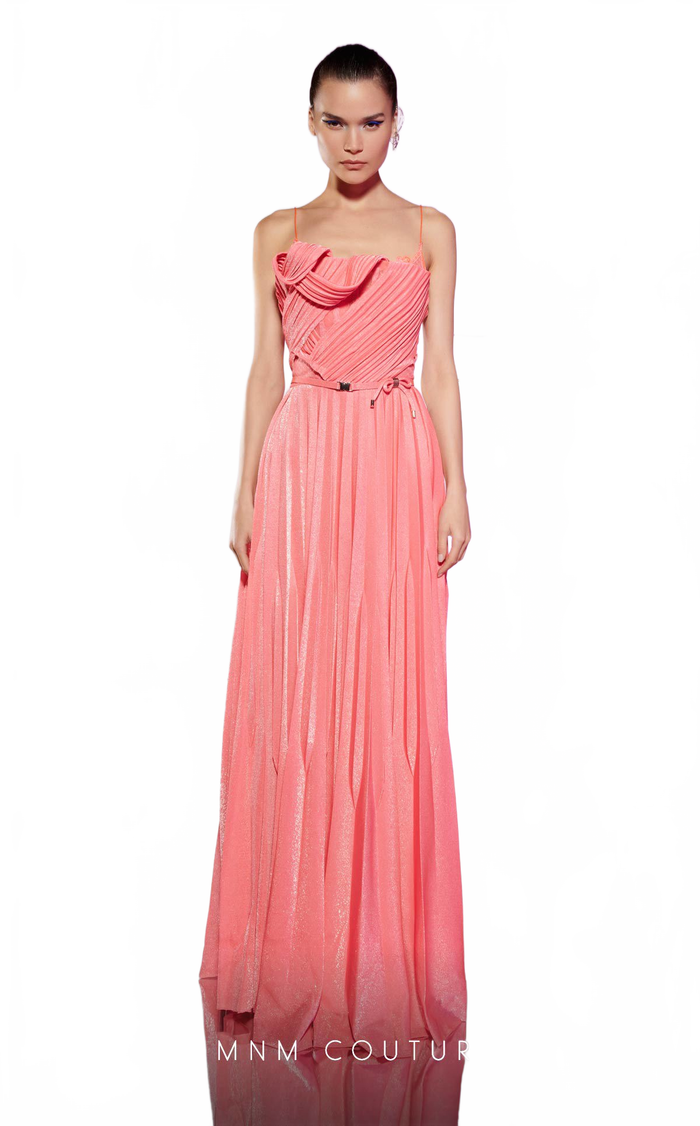 MNM Couture E0045 Strapless Metallic Pink Plissé Gown with Draped Corset