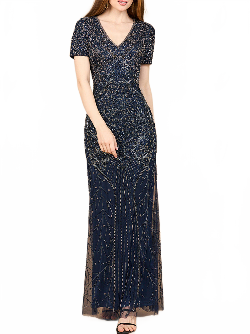 Short Sleeve Sheath Beaded Gown