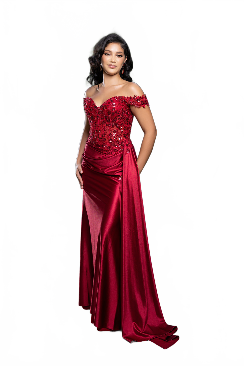 Off Shoulder Sequin Lace Satin Gown Fitted Corset Bodice Draped Skirt & Train by May Queen MQ2177