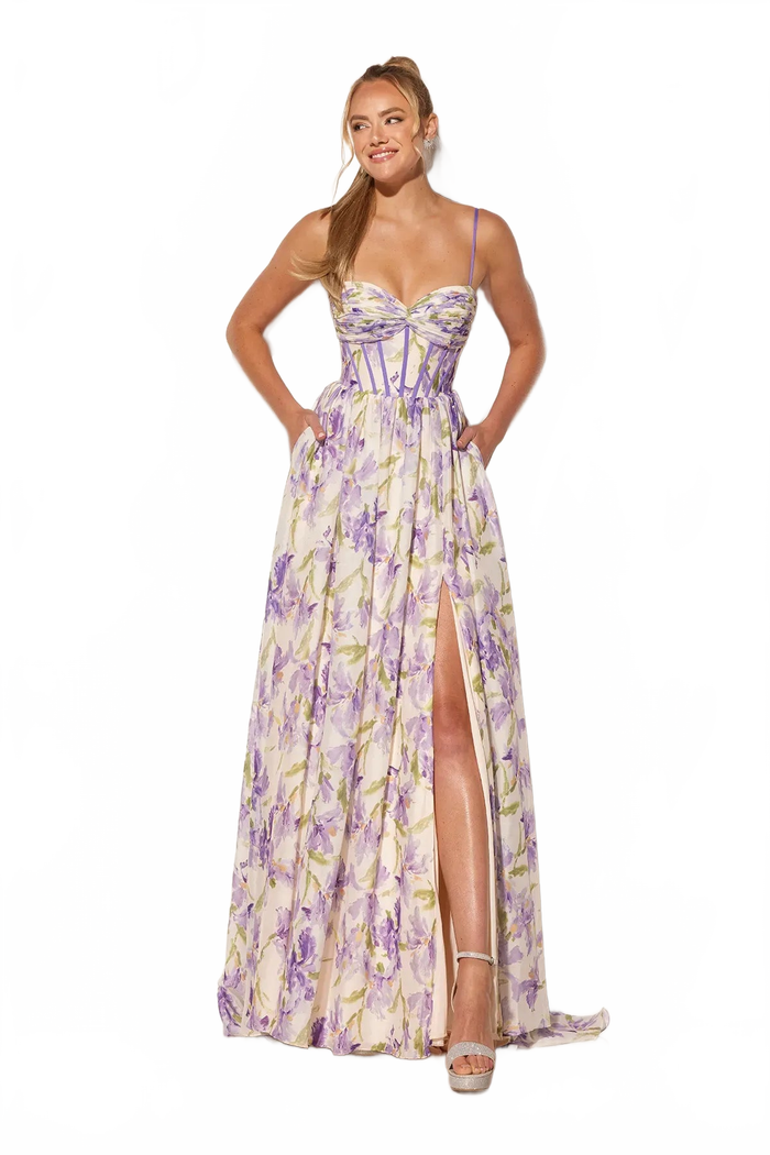 Print Sleeveless A-line Slit Gown by Lucci Lu 1402