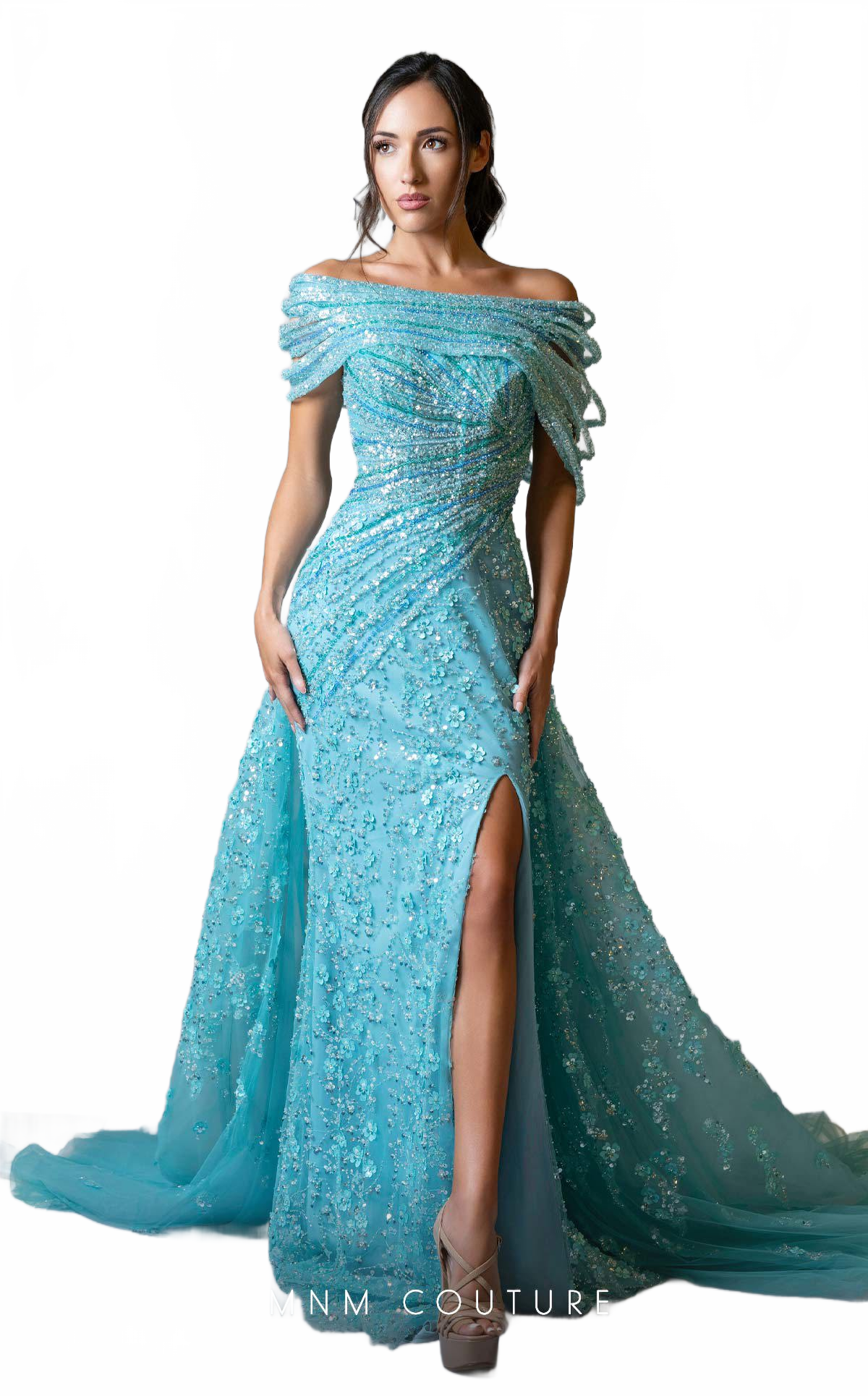 MNM Couture M1150 Aqua Embroidered Mermaid Gown with Removable Train