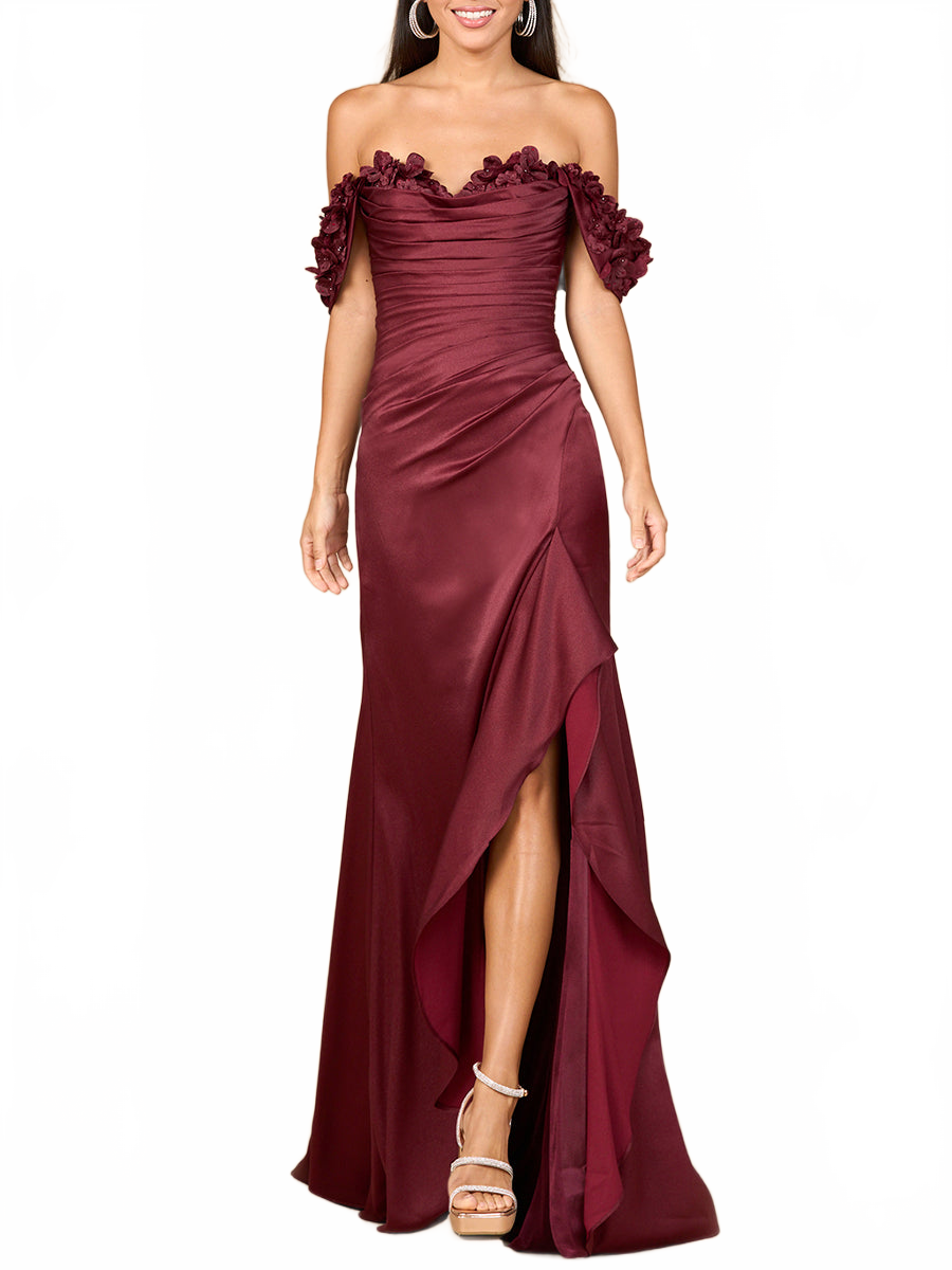 Lara 28916 Off Shoulder Wedding Guest Dress Crepe Simple Evening Gown with Slit