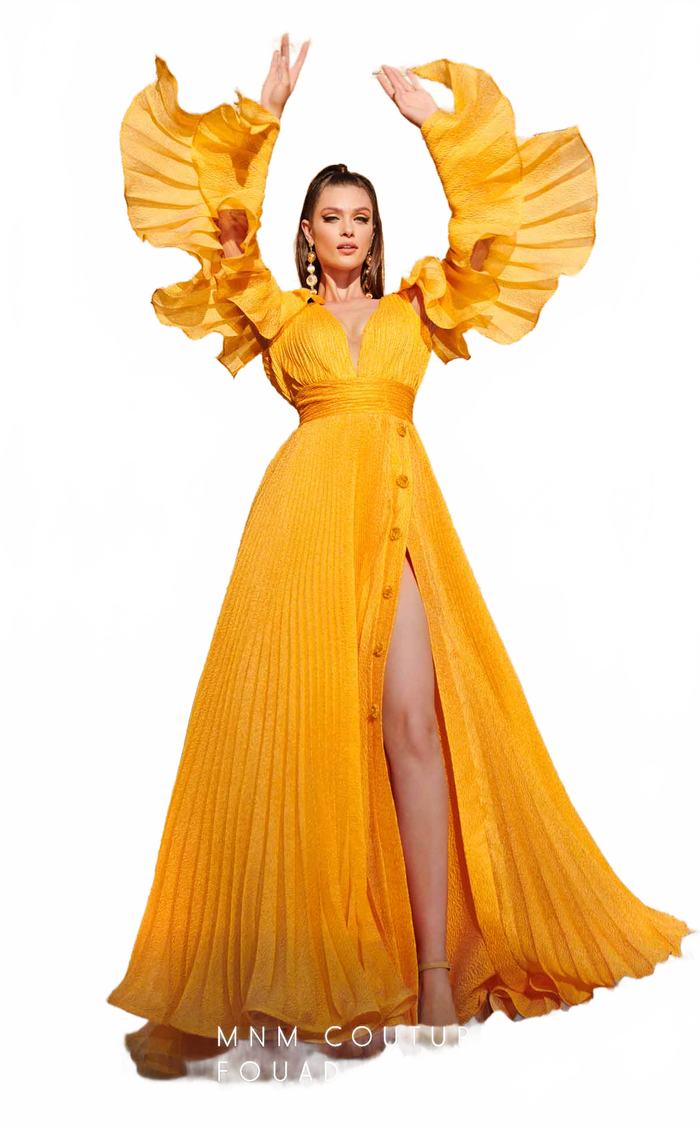 Fouad Sarkis 2775 Pleated Gown with Statement Sleeves