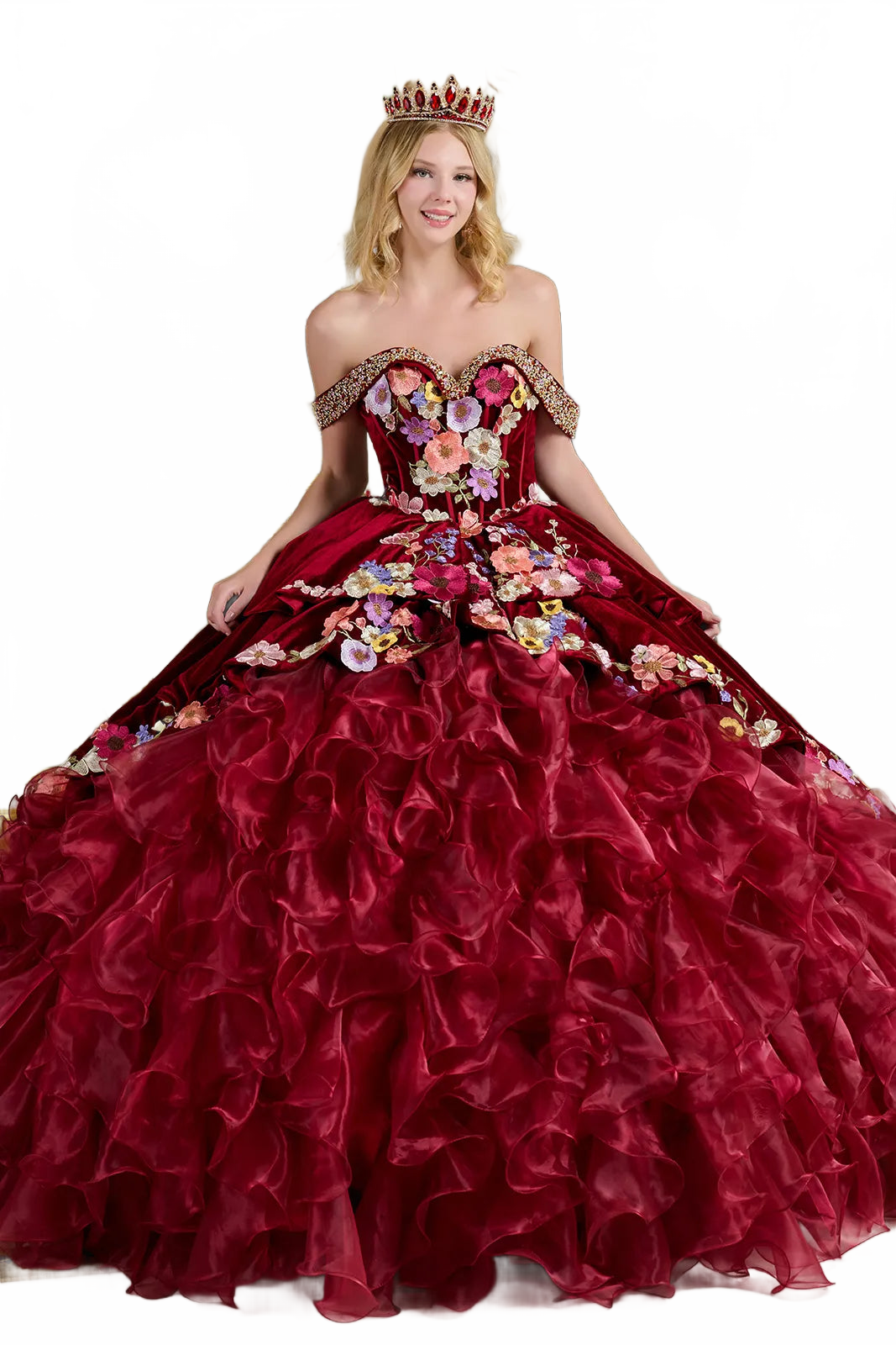 Burgundy Charro Quinceanera Dress Off Shoulder Ruffled Ball Gown by Elizabeth K GL3638