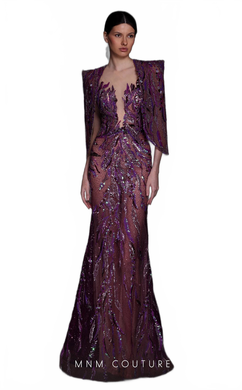 MNM Couture K4101 Purple Mermaid Gown with Illusion Bodice & Bolero