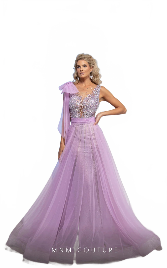 MNM Couture M0084 Lilac One-Shoulder Beaded Tulle Evening Gown
