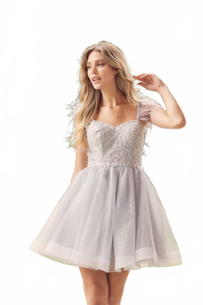 Juliet 881 Feathers A-line Glitter Tulle Short Cocktail Dama Dress