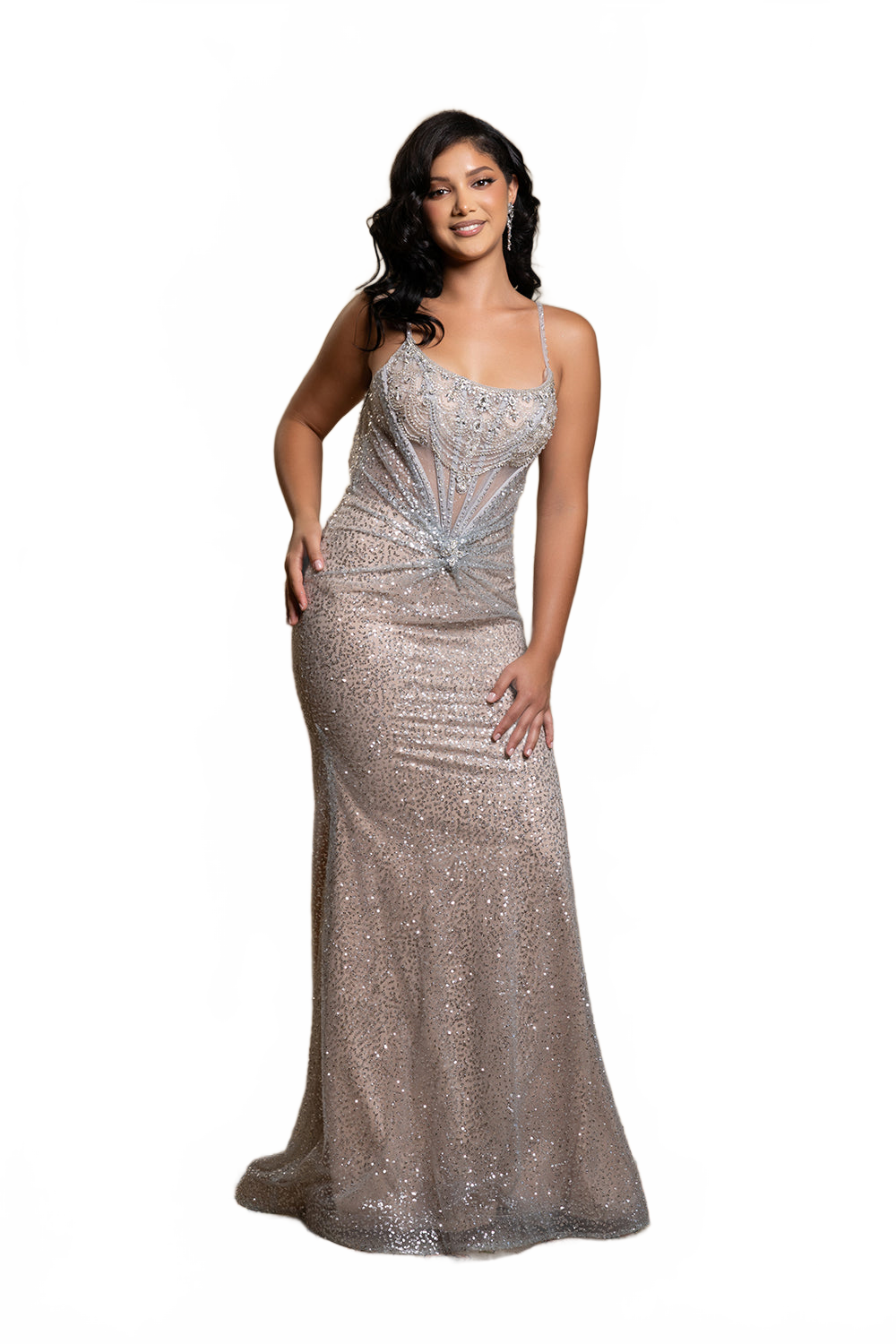 Sequin Mermaid Evening Gown with Sheer Beaded Bodice Formal Prom Dress by Royal Queen RQ8206