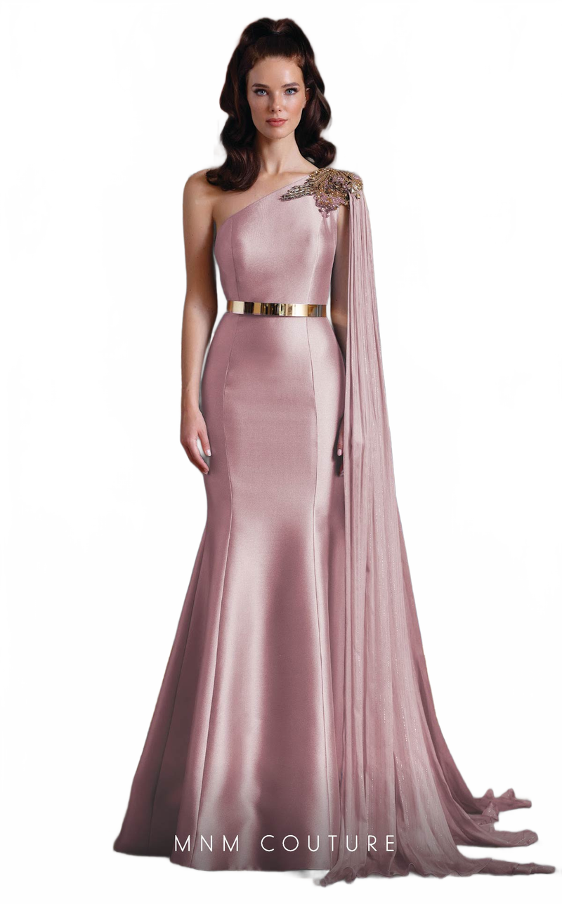 MNM Couture EZ0020 One-Shoulder Satin Gown with Cape Sleeve in Burgundy