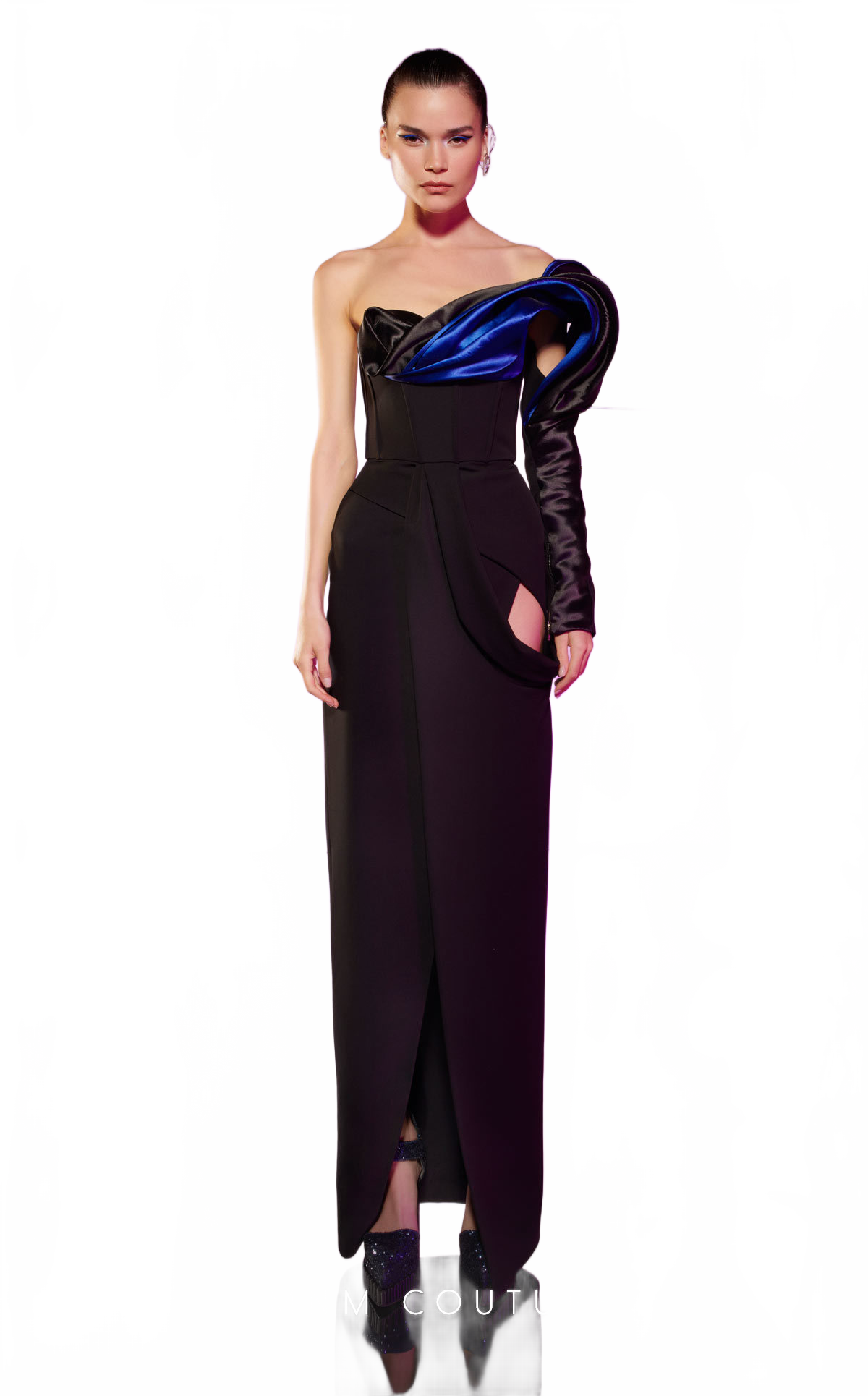 MNM Couture E0042 Blue/Black One-Shoulder Sculpted Sleeve Gown