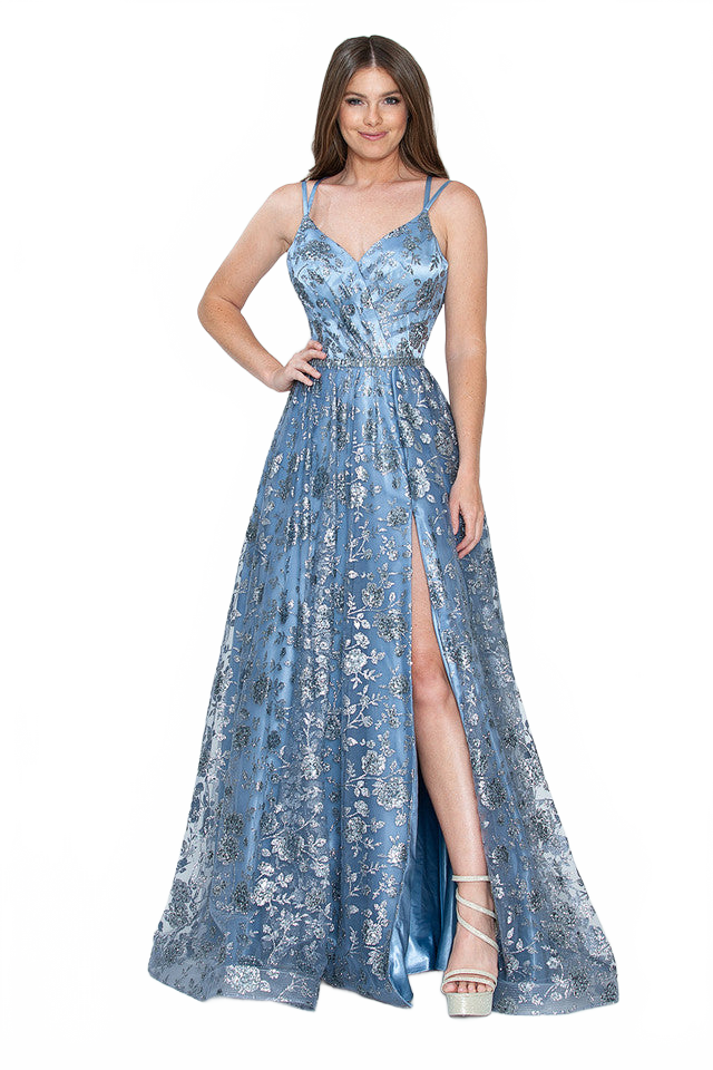 Glitter Embellished A-Line Gown with Corset Back & Stone Belt Formal Prom Dress by Lenovia 8235