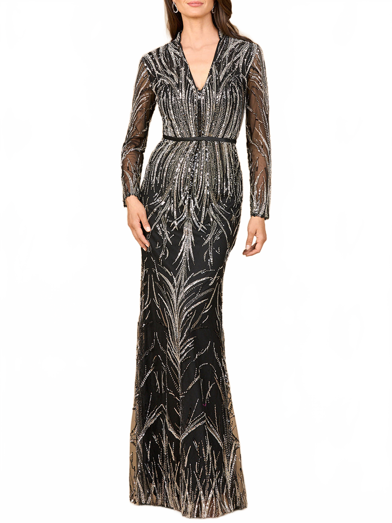 Mandarin V-Neck Gown with Long Sleeves
