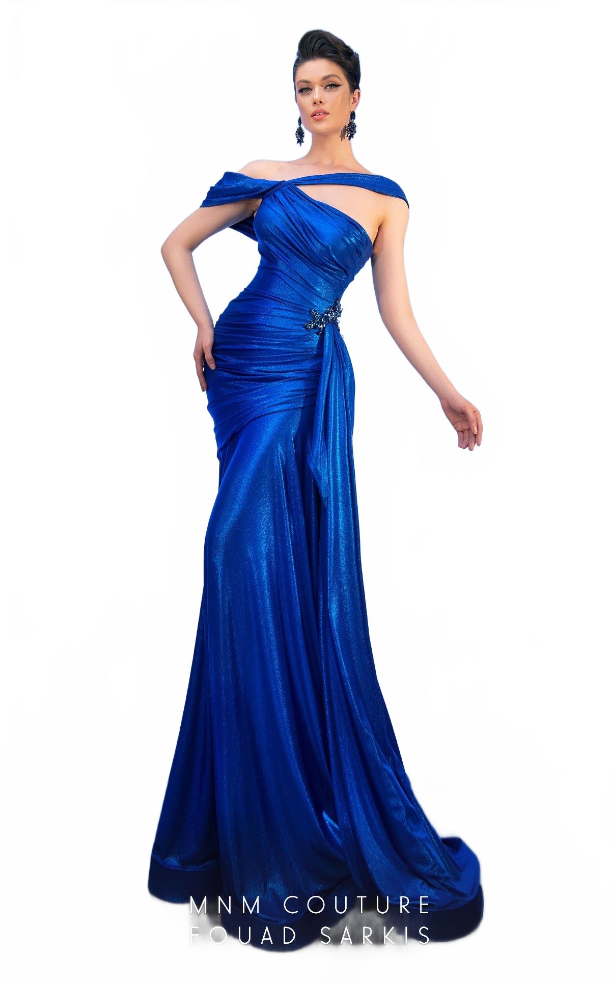 Fouad Sarkis Metallic Asymmetrical Gown: Elegance in Blue