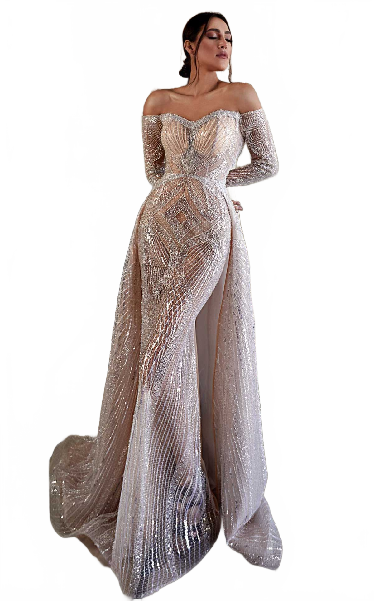 MNM Couture K3950 Beige Off-Shoulder Gown with Embellished Overskirt