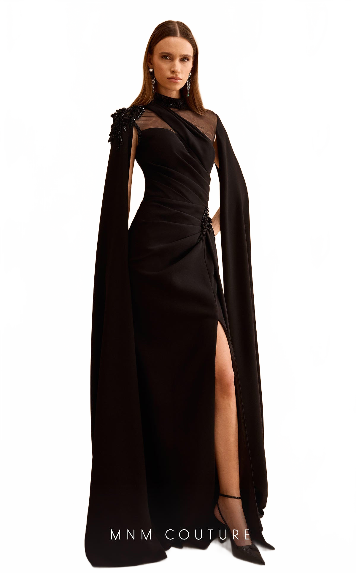 MNM Couture V02037 Black Long-Sleeve Gown with Sheer Cape