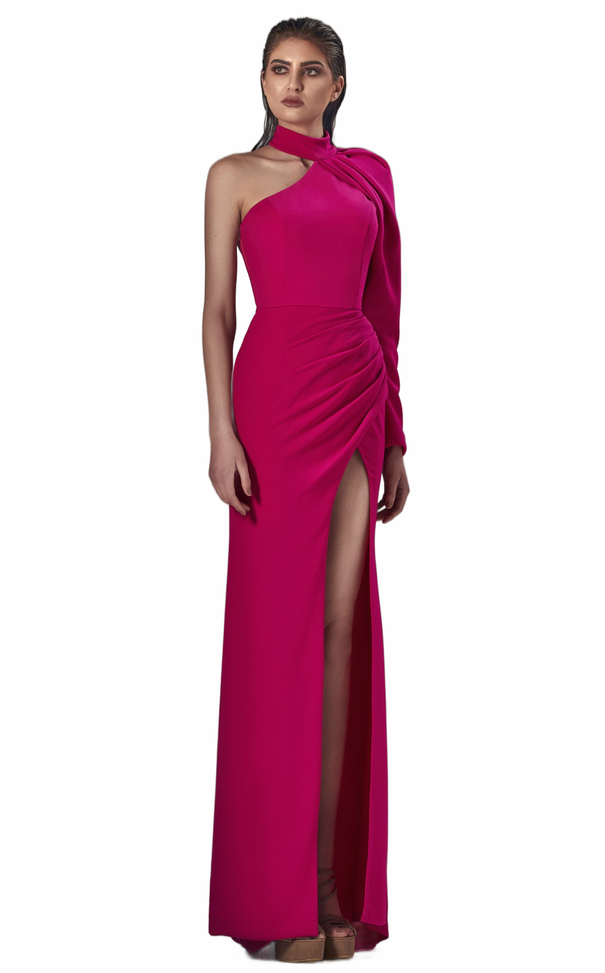 MNM Couture K3892 High Neck Red Sheath Gown with Slit