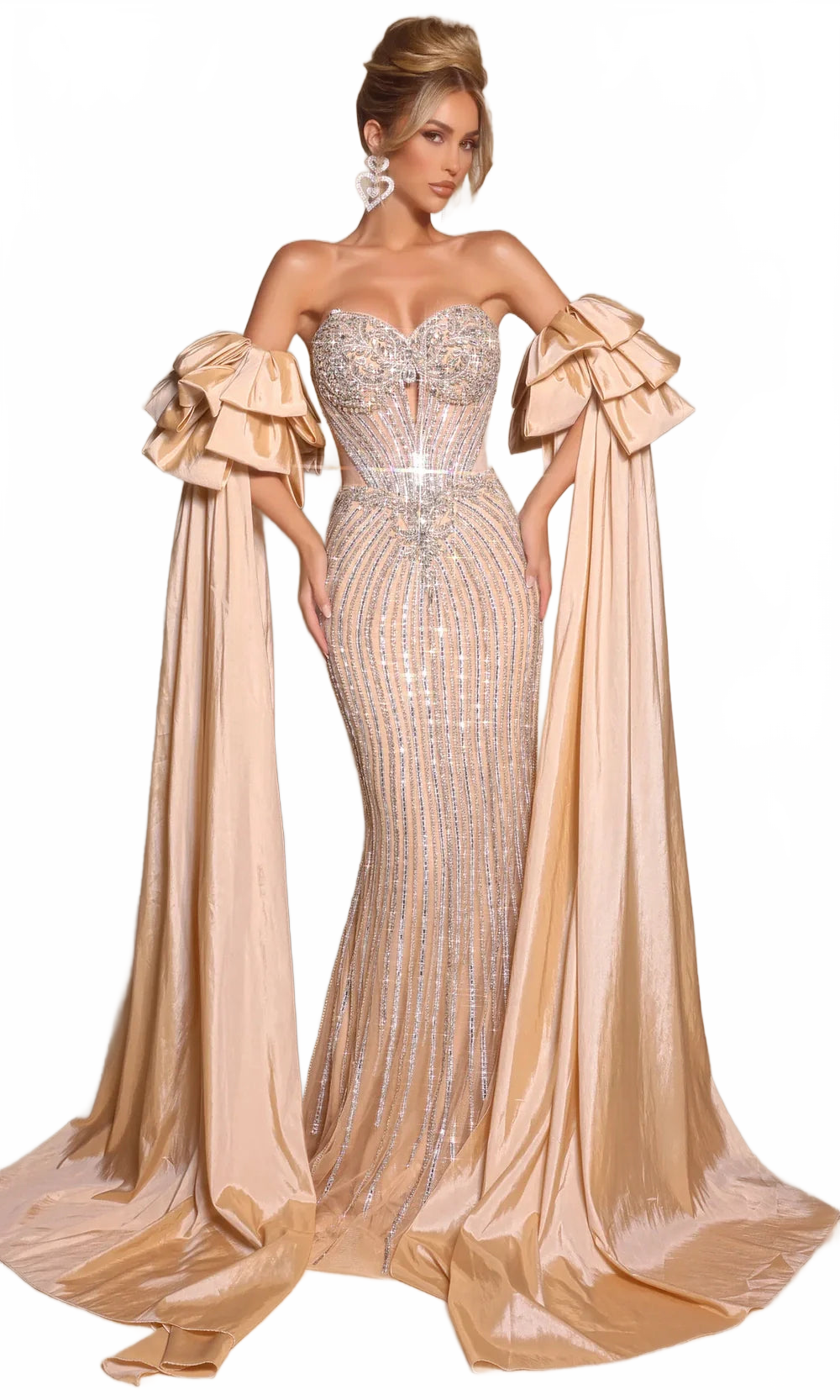 Beaded Strapless Mermaid Gown with Detachable Satin Cape Sleeves by Portia and Scarlett PS26195
