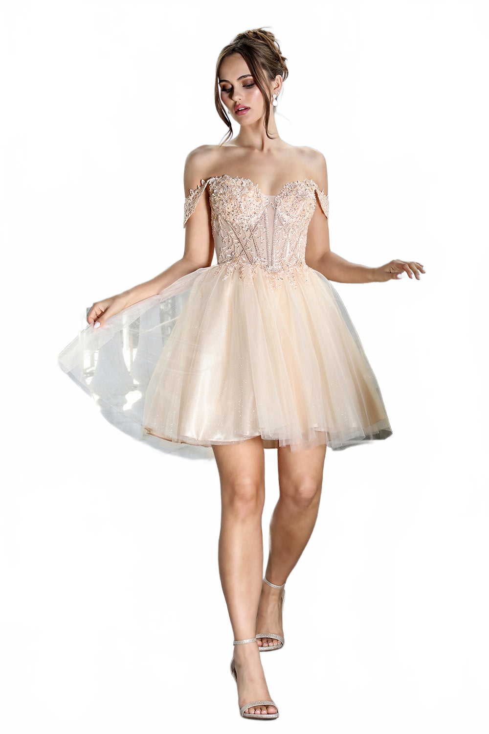 Adora Design 1066 Off-Shoulder Glitter Corset A-Line Mini Dress