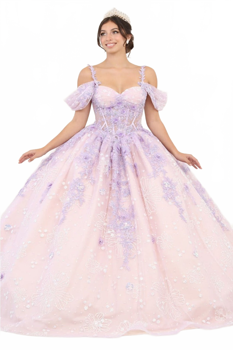 Layla K LK257 Sheer Corset Bodice Lilac/Blush Embellished Quince Gown
