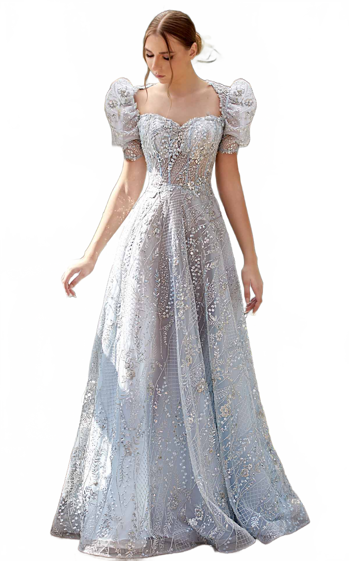 MNM Couture K3921 Blue Embellished Gown with Sheer Puffy Sleeves
