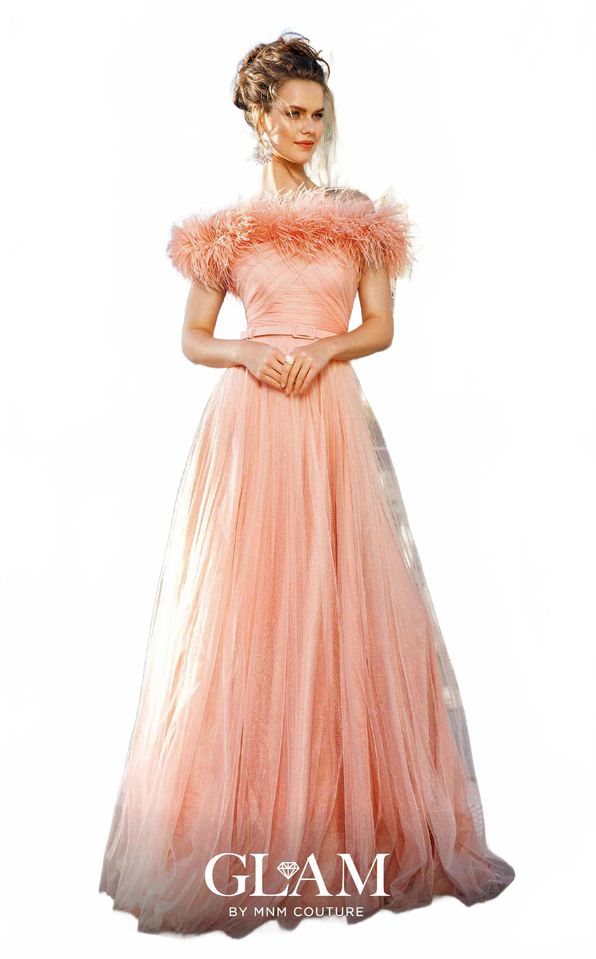 MNM Couture M1139 Off-Shoulder Feathered Tulle Evening Gown in Aqua