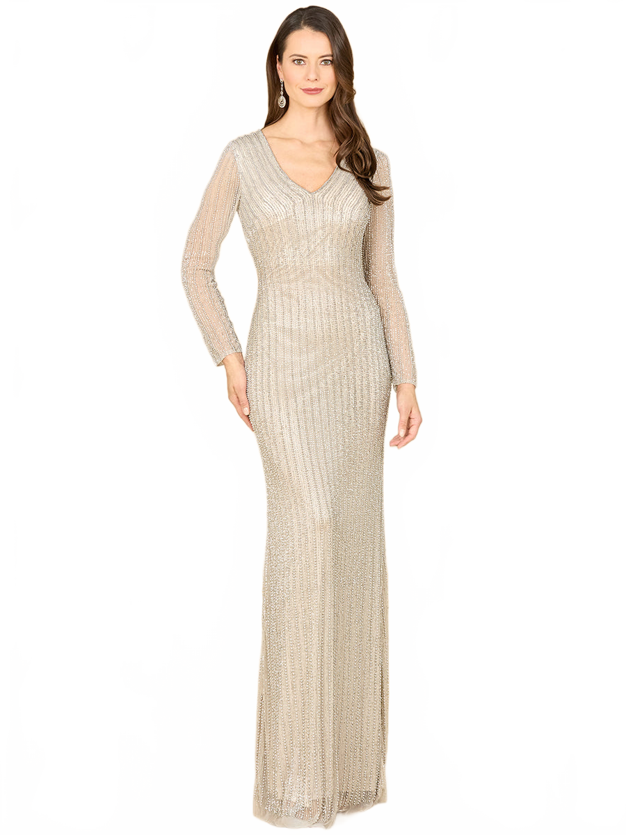 Classic V-Neck Beaded Long Sleeve Gown