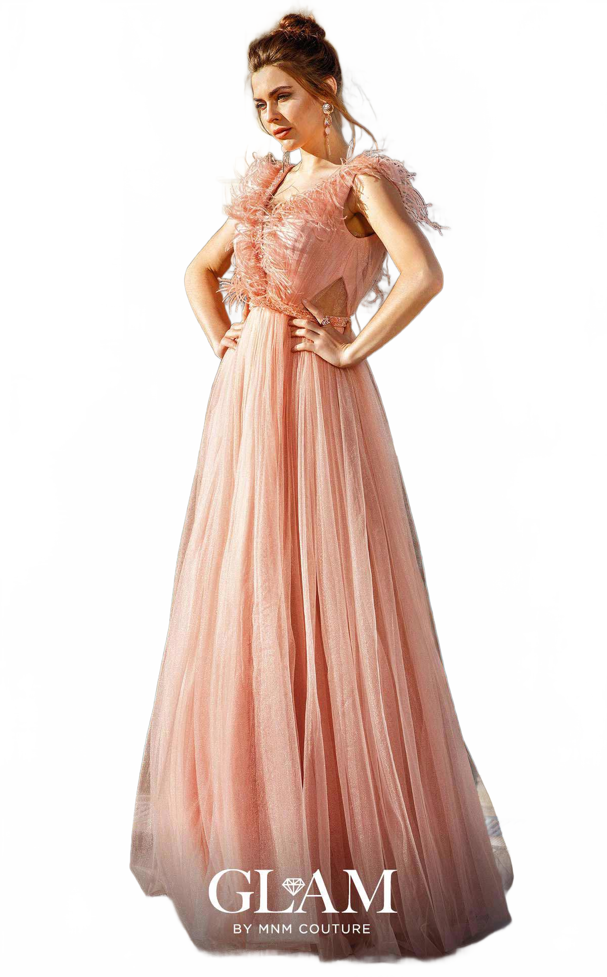 MNM Couture M1098 Silver Asymmetric Embroidered Gown with Cape Sleeve