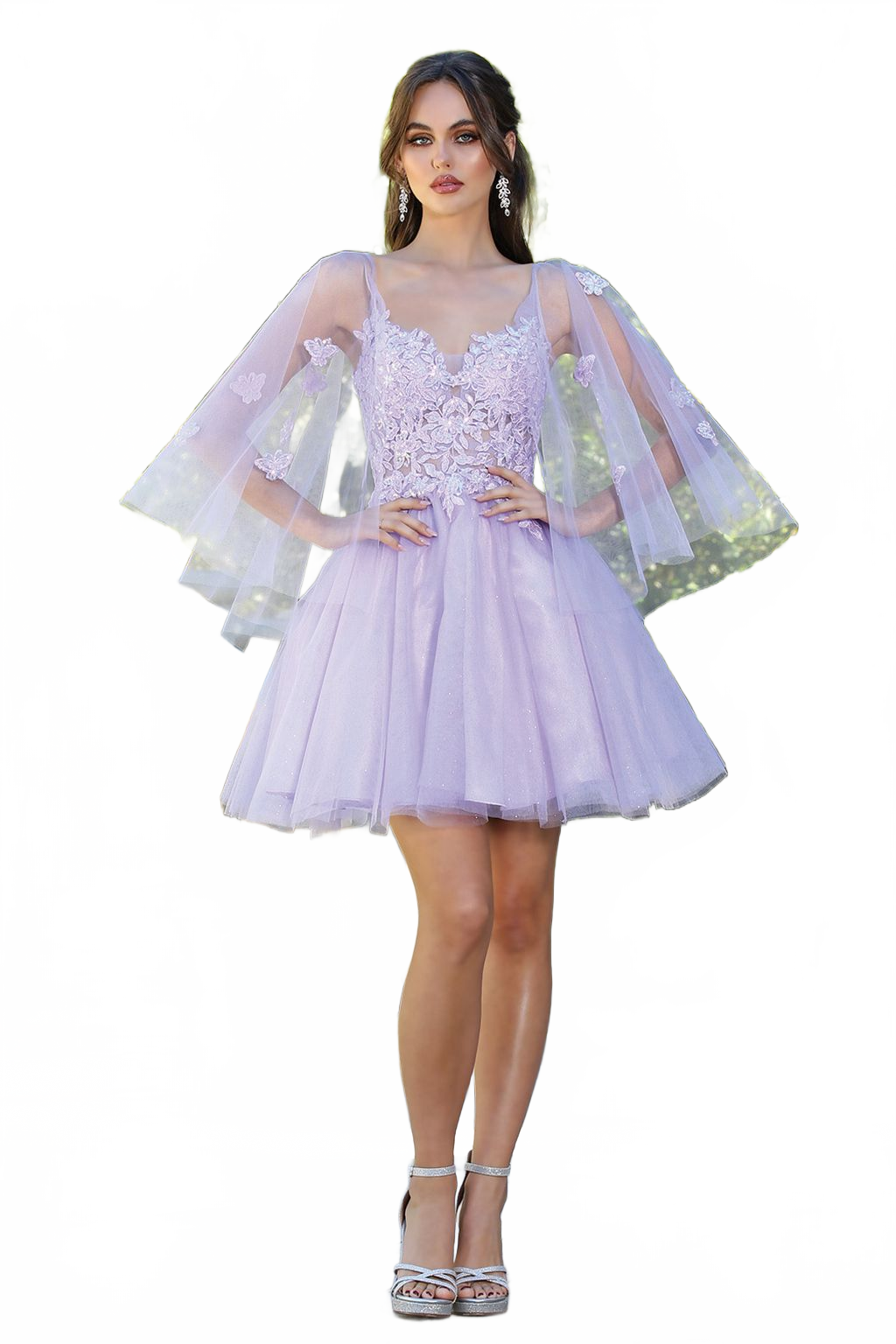 Adora Design 1053 A Line Glitter Tulle Applique Short Cape Dress