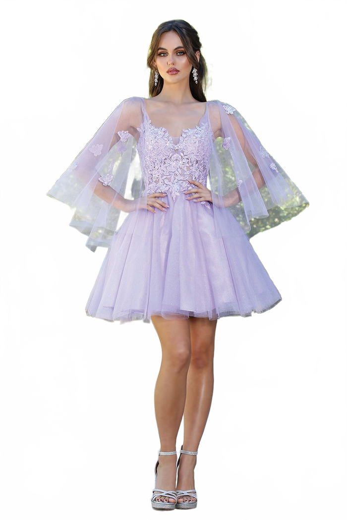 Adora Design 1053 A Line Glitter Tulle Applique Short Cape Dress