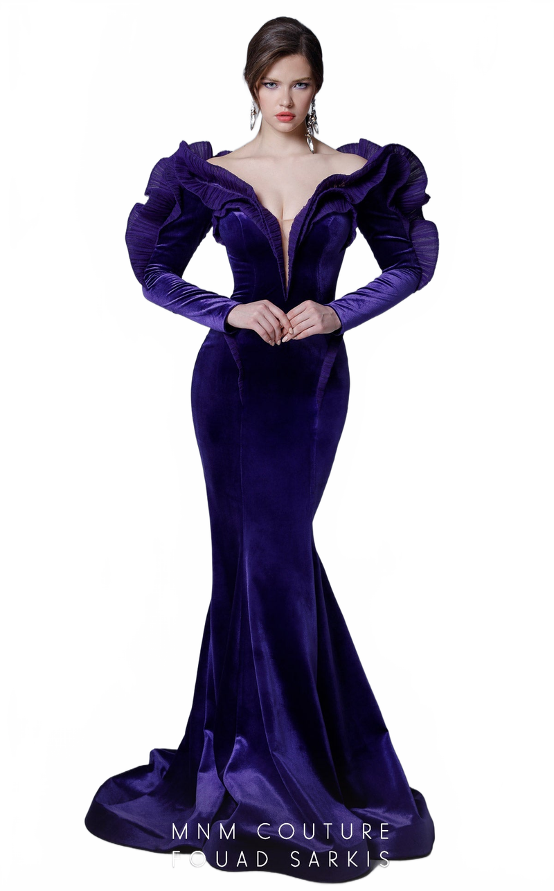 MNM Couture 2716 Green Velvet Mermaid Gown with Dramatic Sleeves