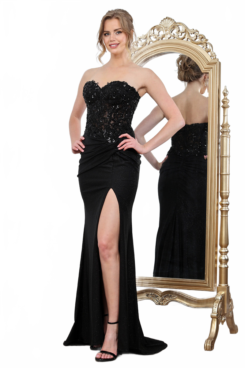 Adora Design 3253 Strapless Glitter Pleated Slit Formal Prom Gown