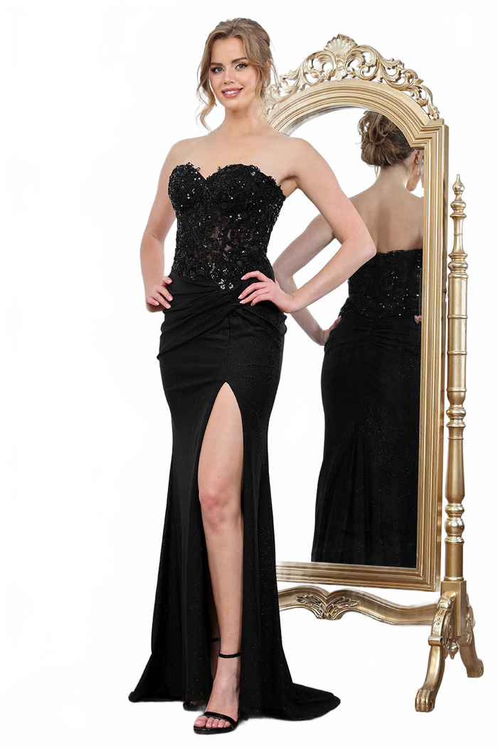 Adora Design 3253 Strapless Glitter Pleated Slit Formal Prom Gown