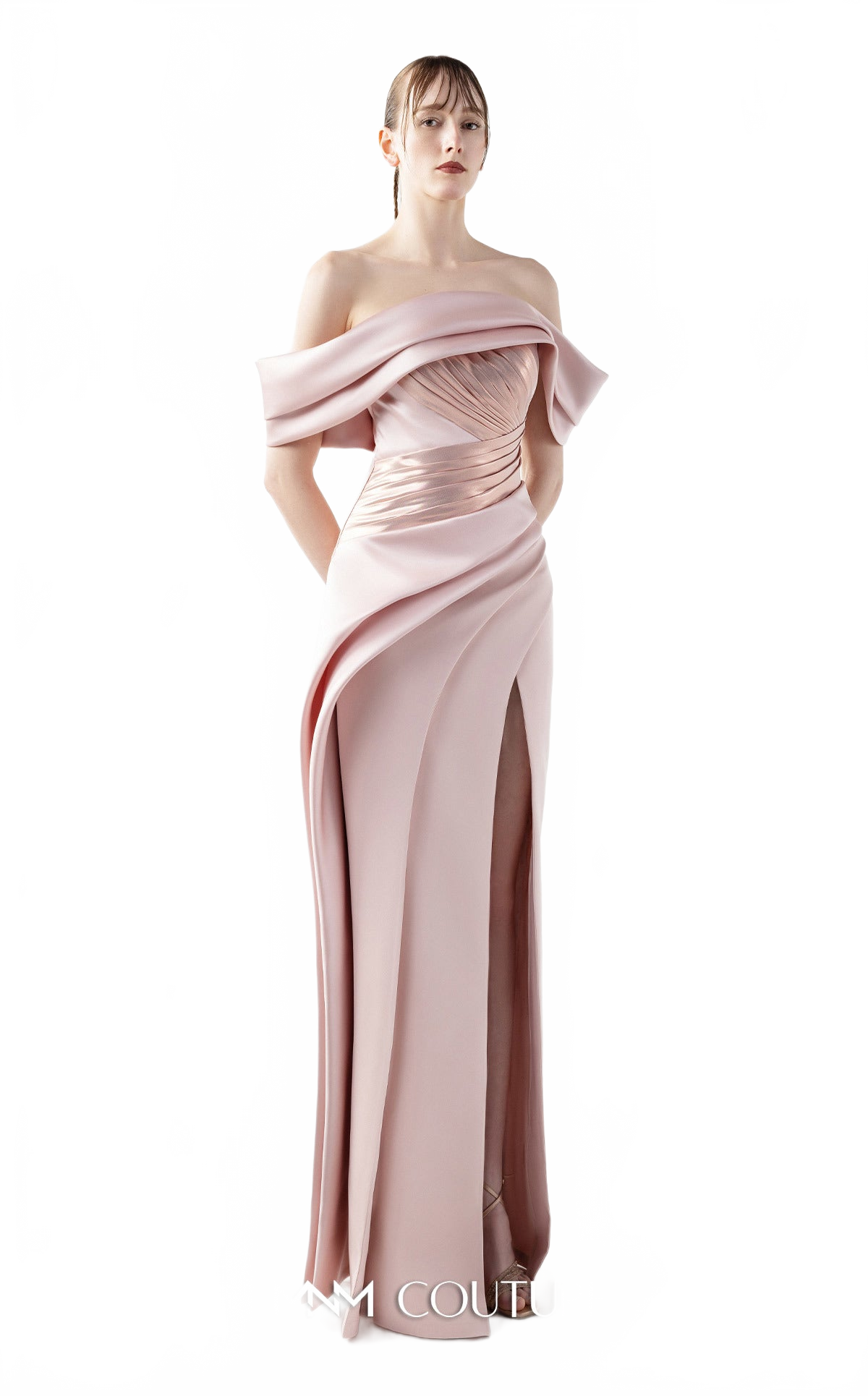 Gaby Charbachy G2020 Off-Shoulder Metallic Pleated Couture Gown in Powder