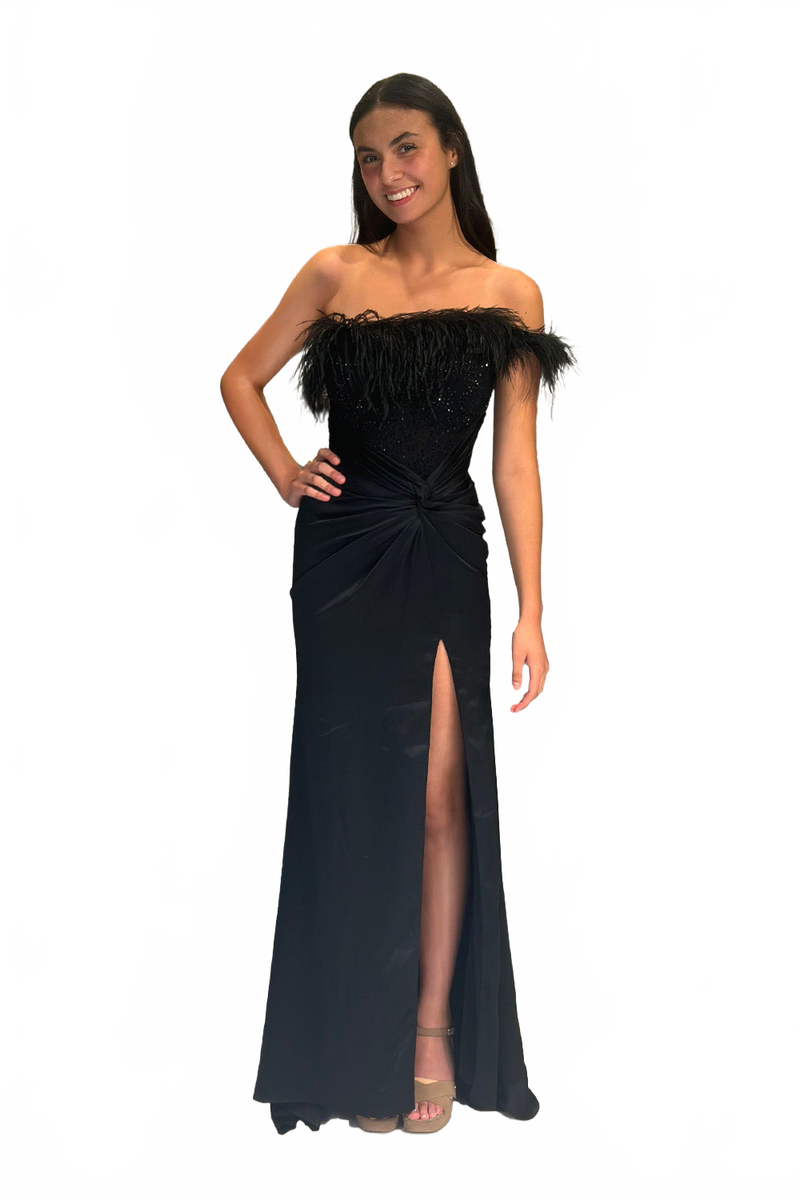Feather Off Shoulder Slit Gown by Lucci Lu 1326