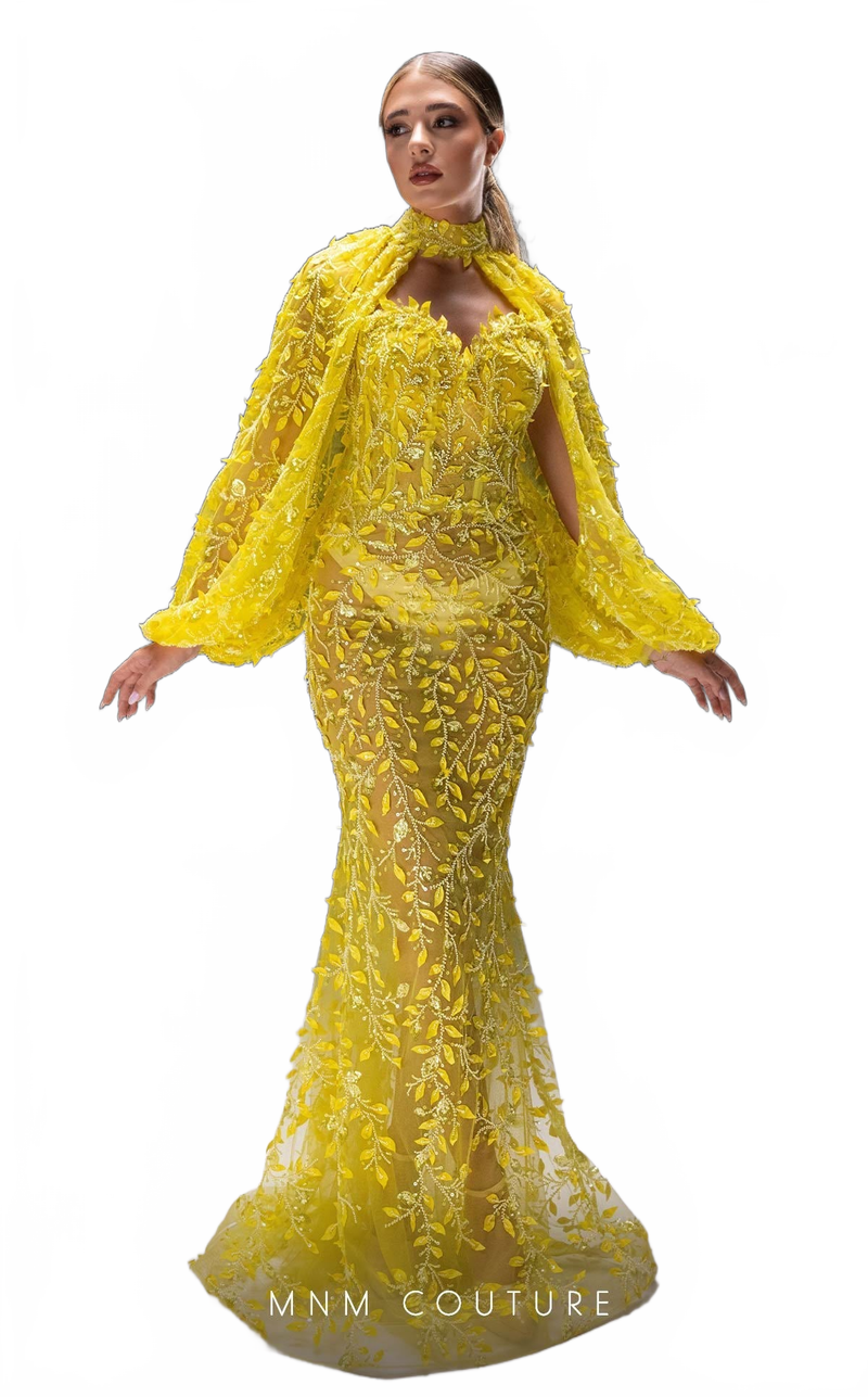 MNM Couture K4231 Pistache Beaded Mesh Gown with Bishop Sleeves