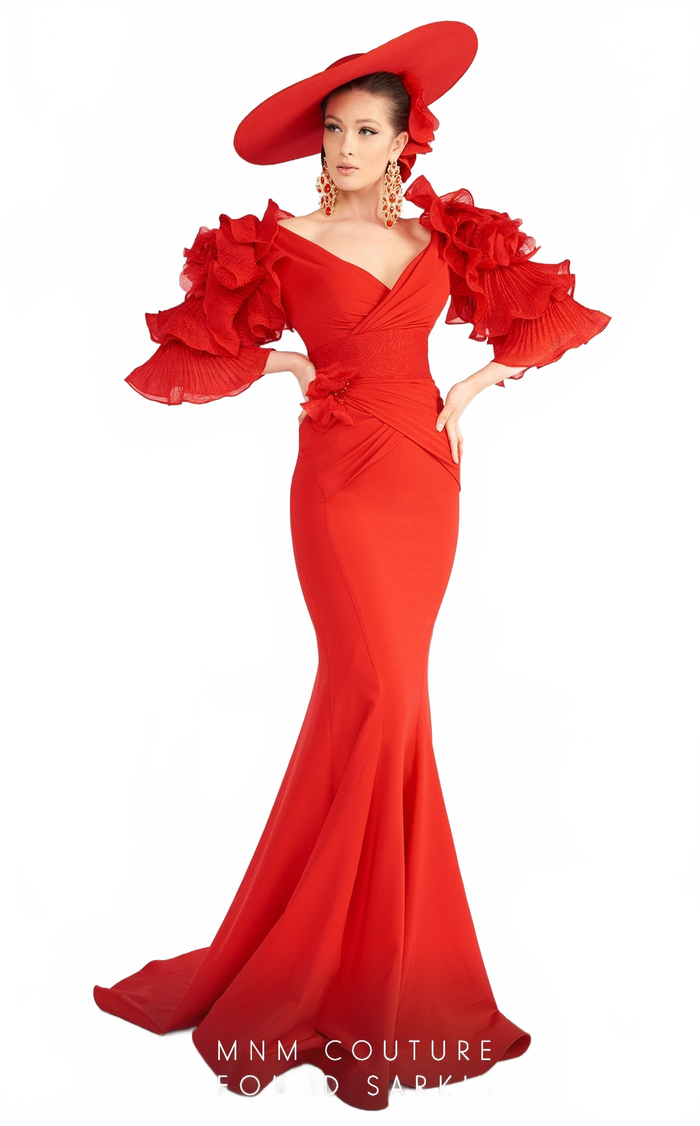 Fouad Sarkis 2574 Red Ruffled Sleeve Mermaid Gown by MNM Couture