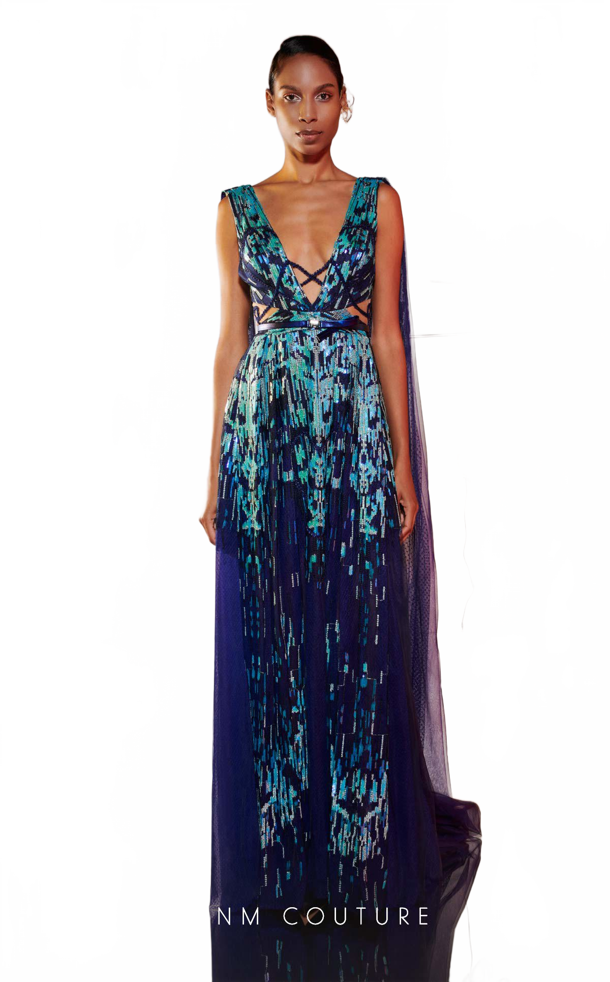 MNM Couture E0044 Blue Embroidered V-Neck Gown with Flared Skirt