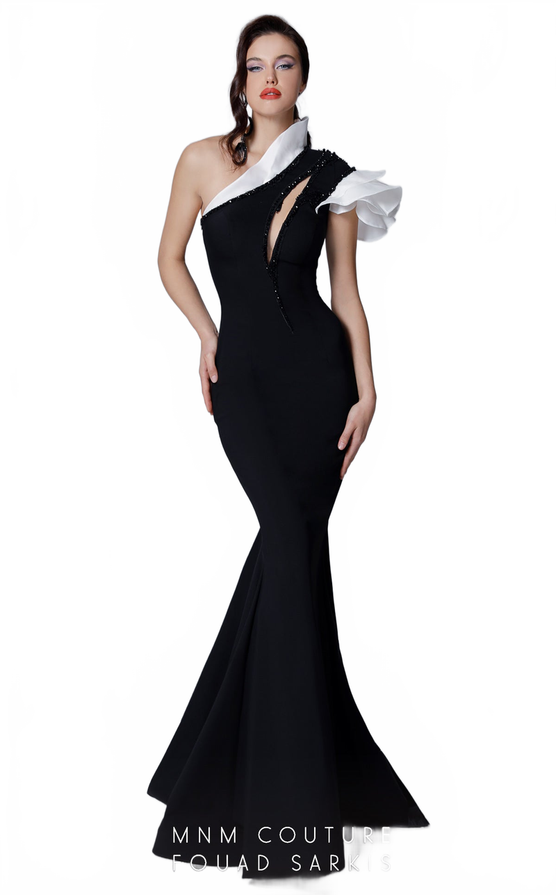Fouad Sarkis 2736 One-Shoulder Contrast Ruffle Gown by MNM Couture