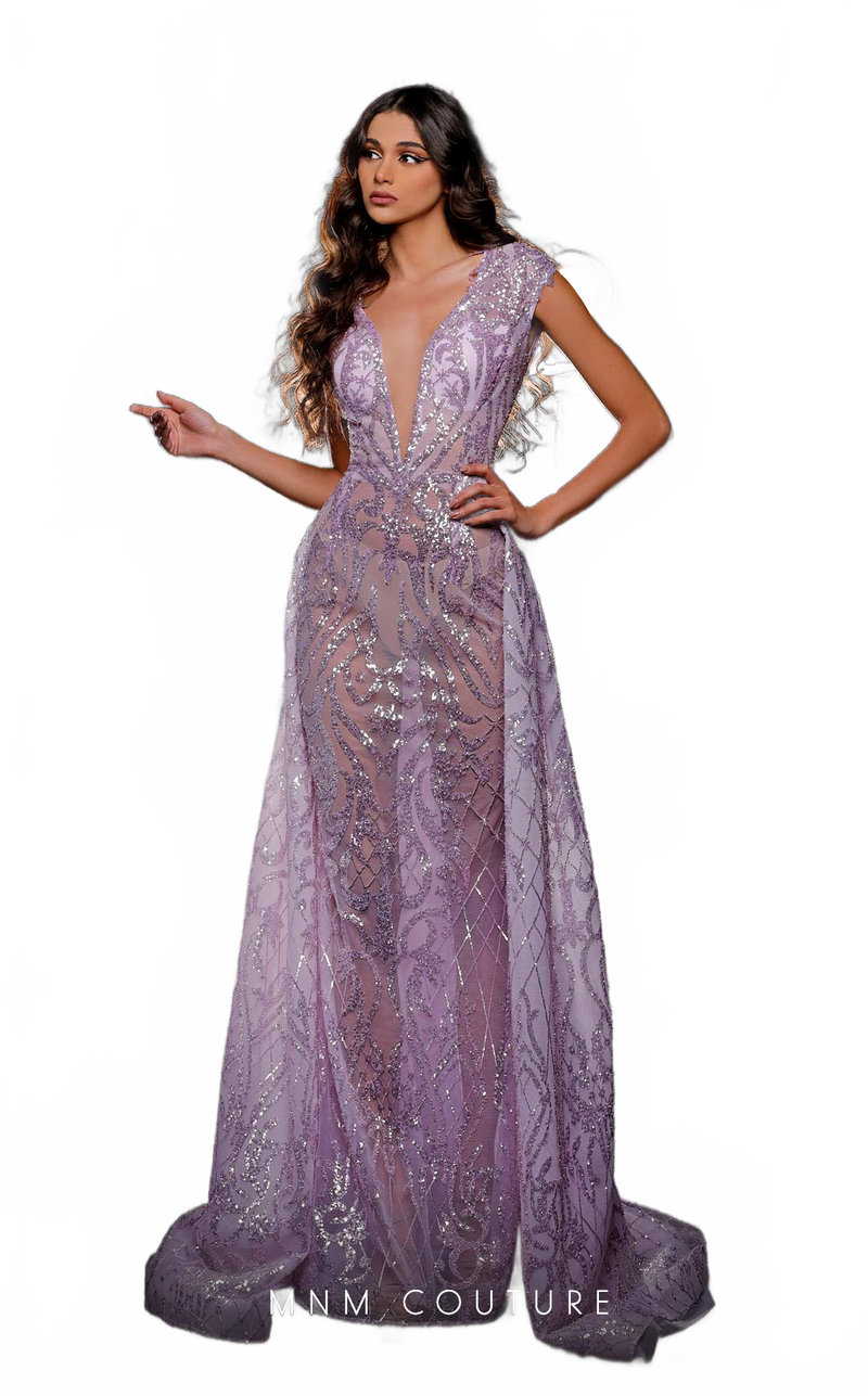 MNM Couture K3973 Deep V-Neck Embellished Evening Gown in Purple