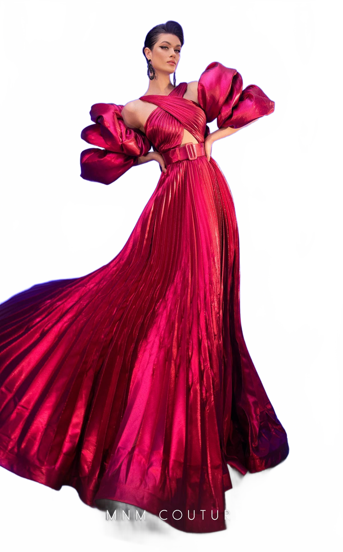 Fouad Sarkis F02808 Pleated Puff-Sleeve Gown