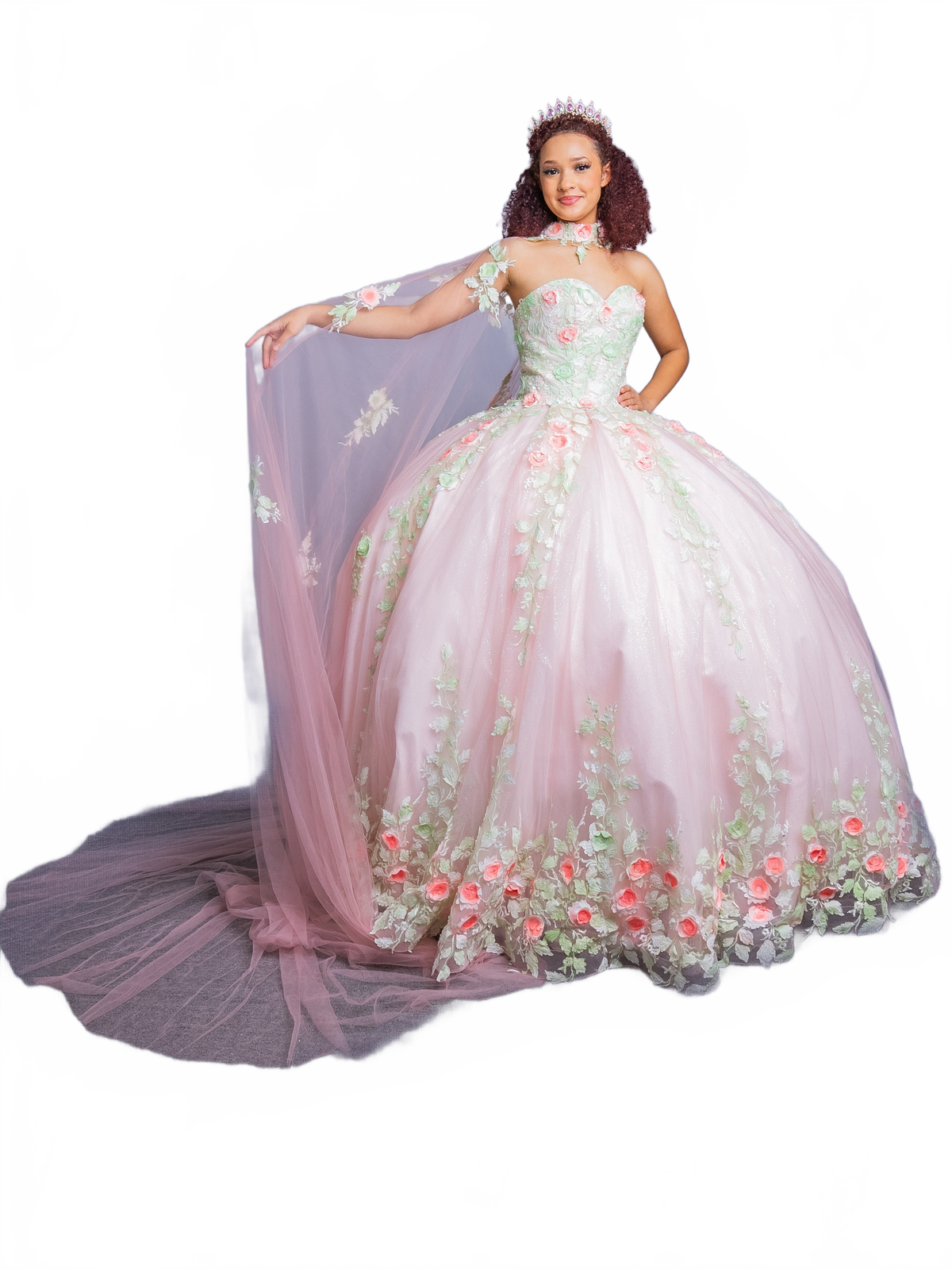 Floral Applique Strapless Cape Ball Gown by Calla SCL30004