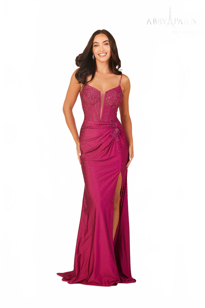Abby Paris 90313 Beaded Jersey Corset Slit Evening Gown