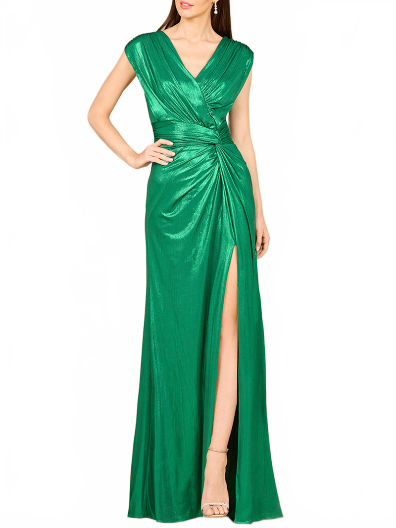 Lara 29124 Cap Sleeve V-Neck Mother of the Bride Dress Metallic Evening Gown with Slit