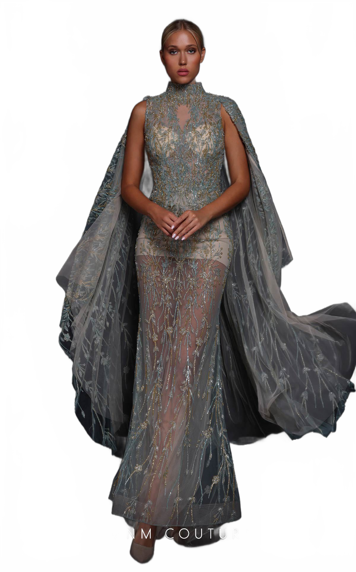MNM Couture K4119 High Neck Beaded Cape Gown in Tiffany